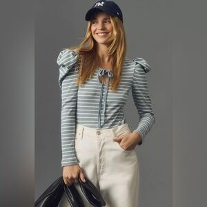 NWT Anthropologie Porridge Puff-Sleeve Tie-Front Top sky blue stripes ribbed